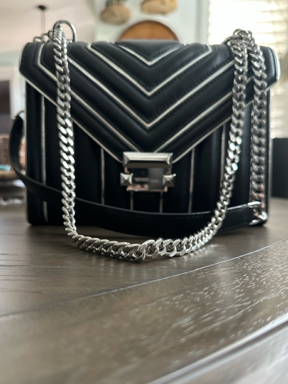 Michael Kors Black Quilted Chevron Crossbody with Silver Chain